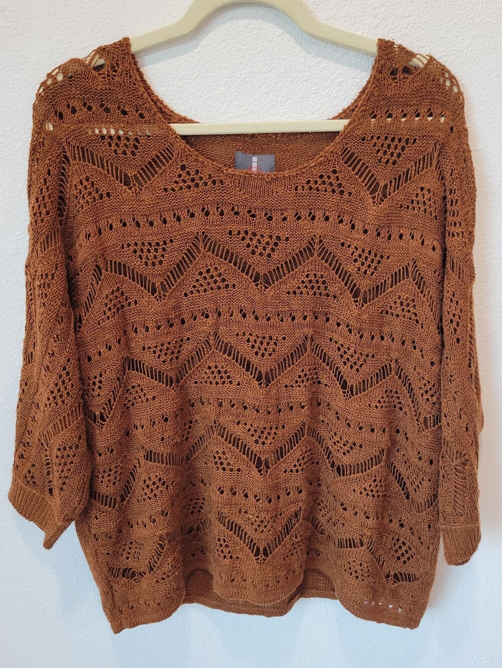 Buffalo Womens L Hollow Knit Sweater Camel Brown 3/4 Sleeve Boho Coastal